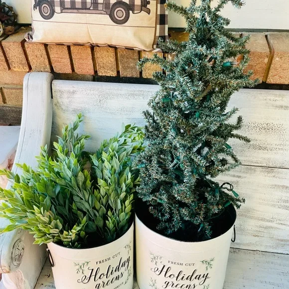 *Holiday Greens Distressed Metal Pails, Set of 2 - Picture 7 of 14